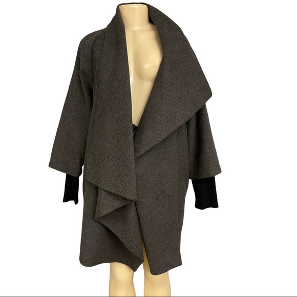 Calvin Klein Double Breasted Drape Cape Coat Envelope Collar Grey Sleeved Jacket - Picture 3 of 15